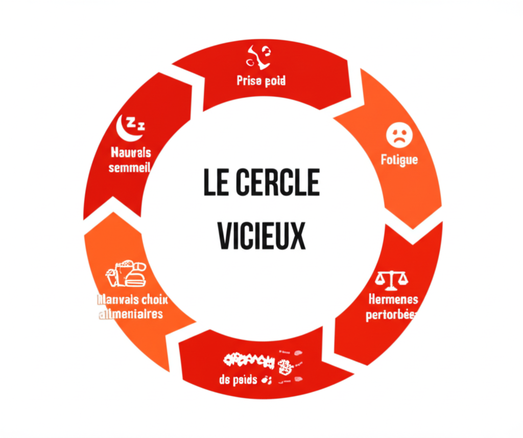 Le cercle vicieux sommeil-poids : mauvais sommeil, fatigue, hormones perturbées, mauvais choix alimentaires, prise de poids