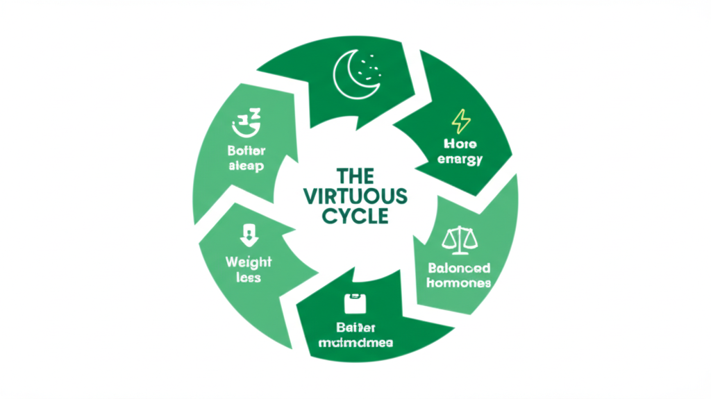 The virtuous cycle: better sleep, more energy, balanced hormones, better food choices, weight loss